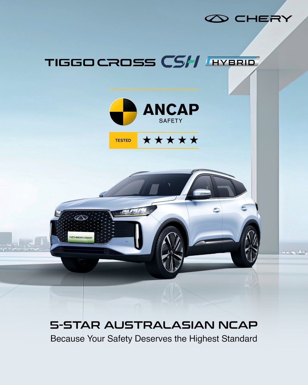 Safety isn_t an option. It_s a standard.__TIGGO CROSS CSH Hybrid hadir dengan pencapaian 5-Star ANCAP_ membuktikan komitmen Chery dalam menghadirkan perlind(